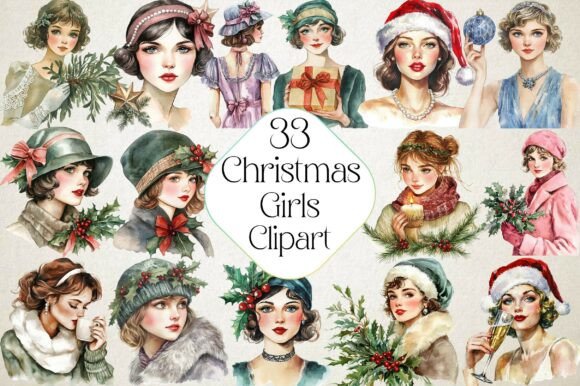 1920 Coquette Christmas Girls Clipart for Brand Identity and Illustrations