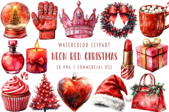 Chic Neon Red Christmas Clipart for Brand Identity and Illustrations