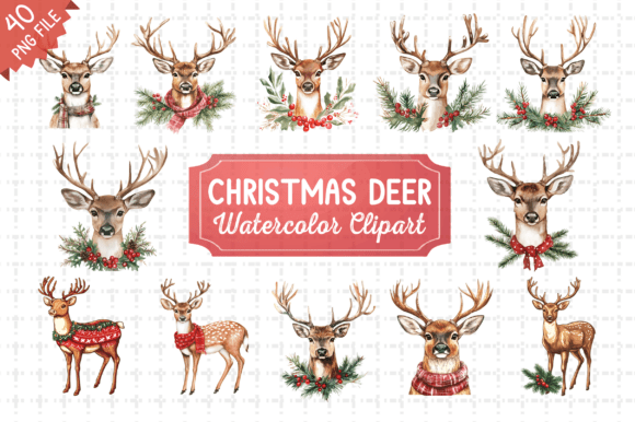 Christmas Deer Watercolor Clipart Bundle: Illustrations for Branding