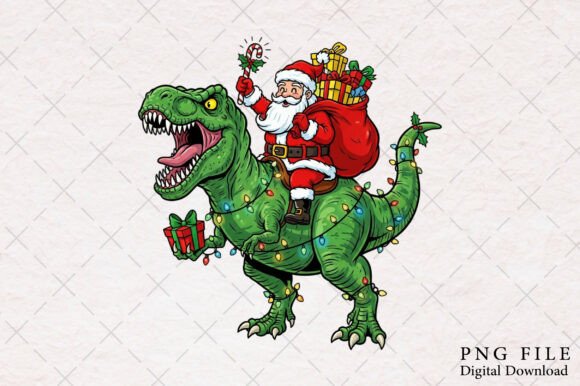 Christmas Santa Riding Rex Dinosaur Png Illustrations