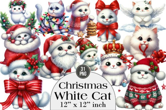 Christmas White Cat Clipart, Funny Cat