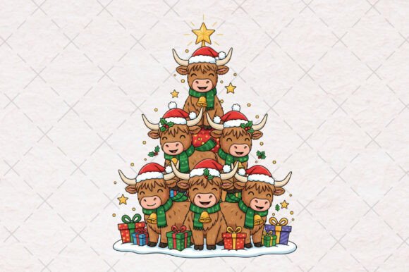 Cute Highland Cow Christmas Trees Png Illustrations Review