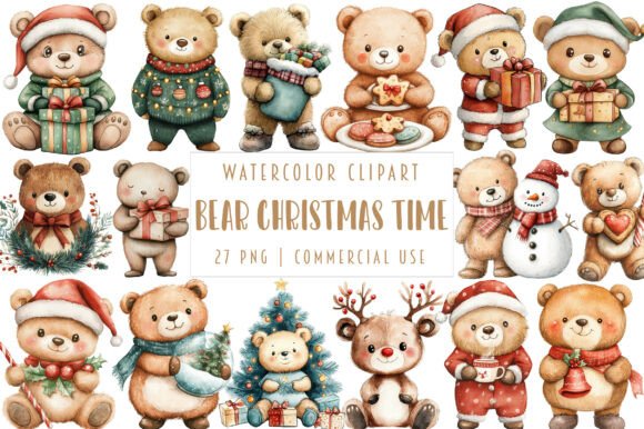 Kawaii Bear Christmas Time Clipart for Illustrations