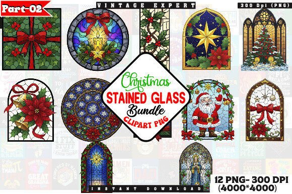 Stained Glass Christmas PNG Clipart Pack