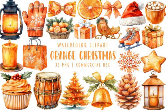 Watercolor Orange Christmas Clipart
