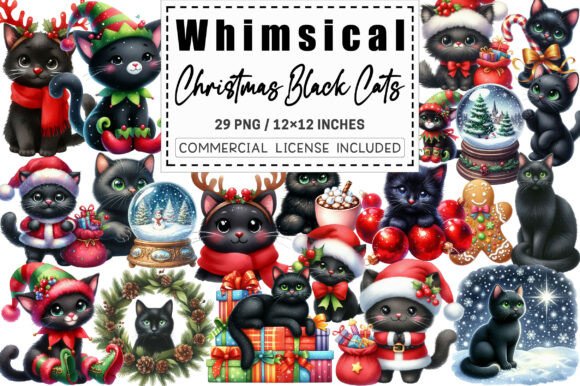 Whimsical Christmas Black Cats Clipart for Illustrations