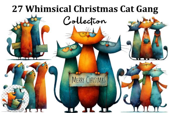 Whimsical Christmas Cat Gang Clipart Illustrations Review