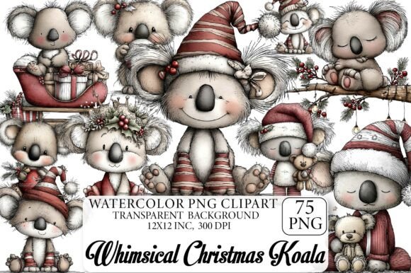 Whimsical Christmas Koala Clipart and Illustrations