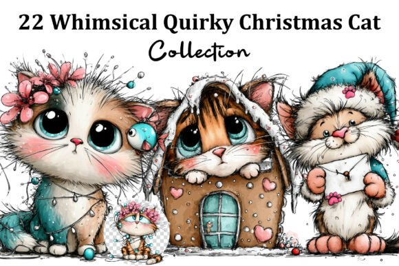 Whimsical Quirky Christmas Cat Clipart and Illustrations