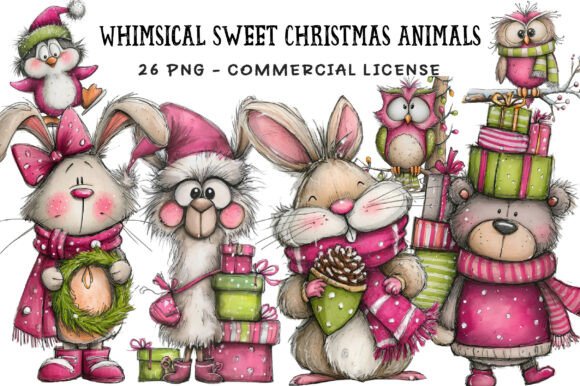 Whimsical Sweet Christmas Animals Clipar and Illustrations